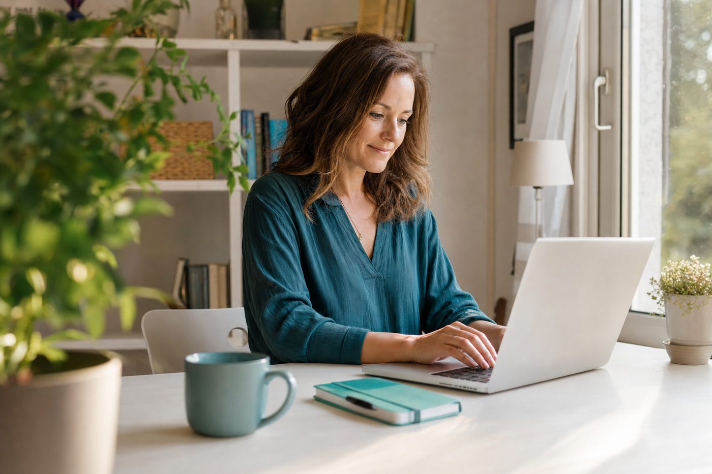 Eine Selbstständige schreibt entspannt an ihrem LinkedIn-Beitrag